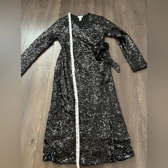 H&M Black Sequin Wrap Midi Dress M | Party Holiday Glam - Picture 13 of 16